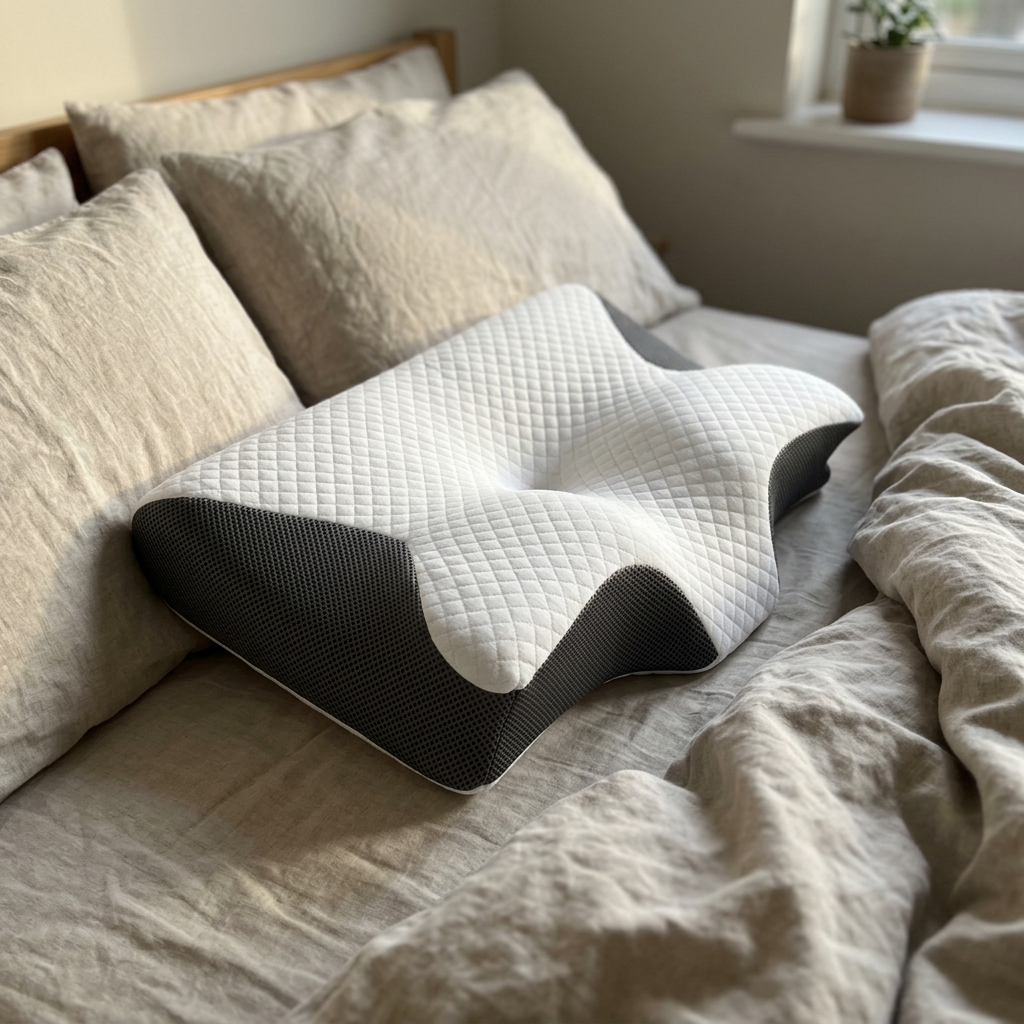 A single contoured CerviLux pillow on a naturally made bed in soft morning light