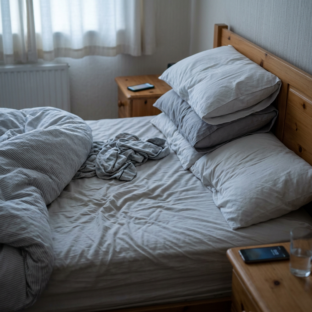 Messy bed at dawn with several ordinary pillows stacked against the headboard