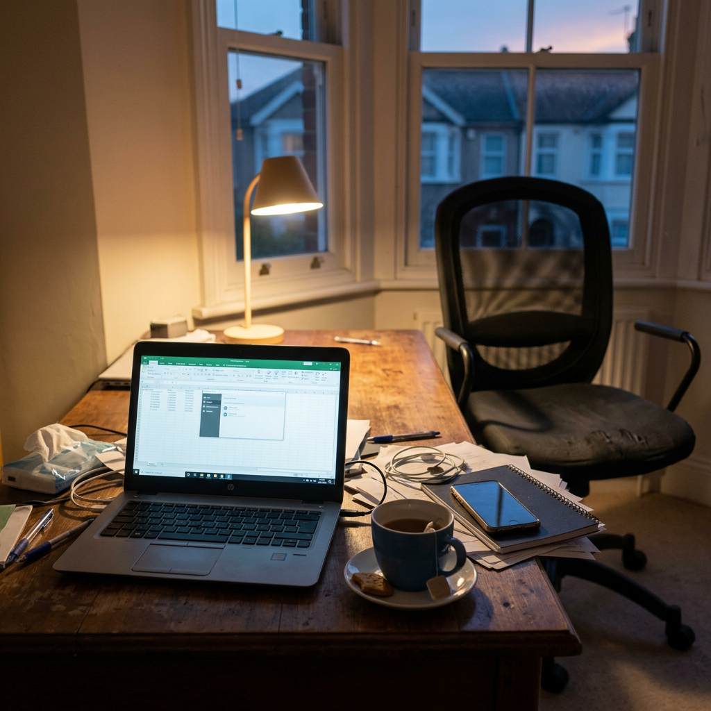 Home desk at dusk just abandoned, laptop still glowing, chair pushed back