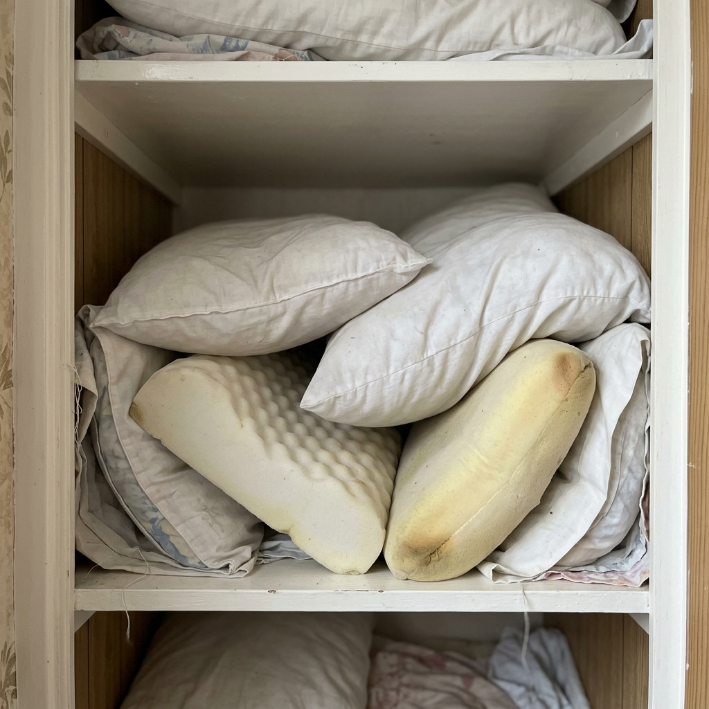 Open linen cupboard stuffed with several old, flattened and misshapen pillows