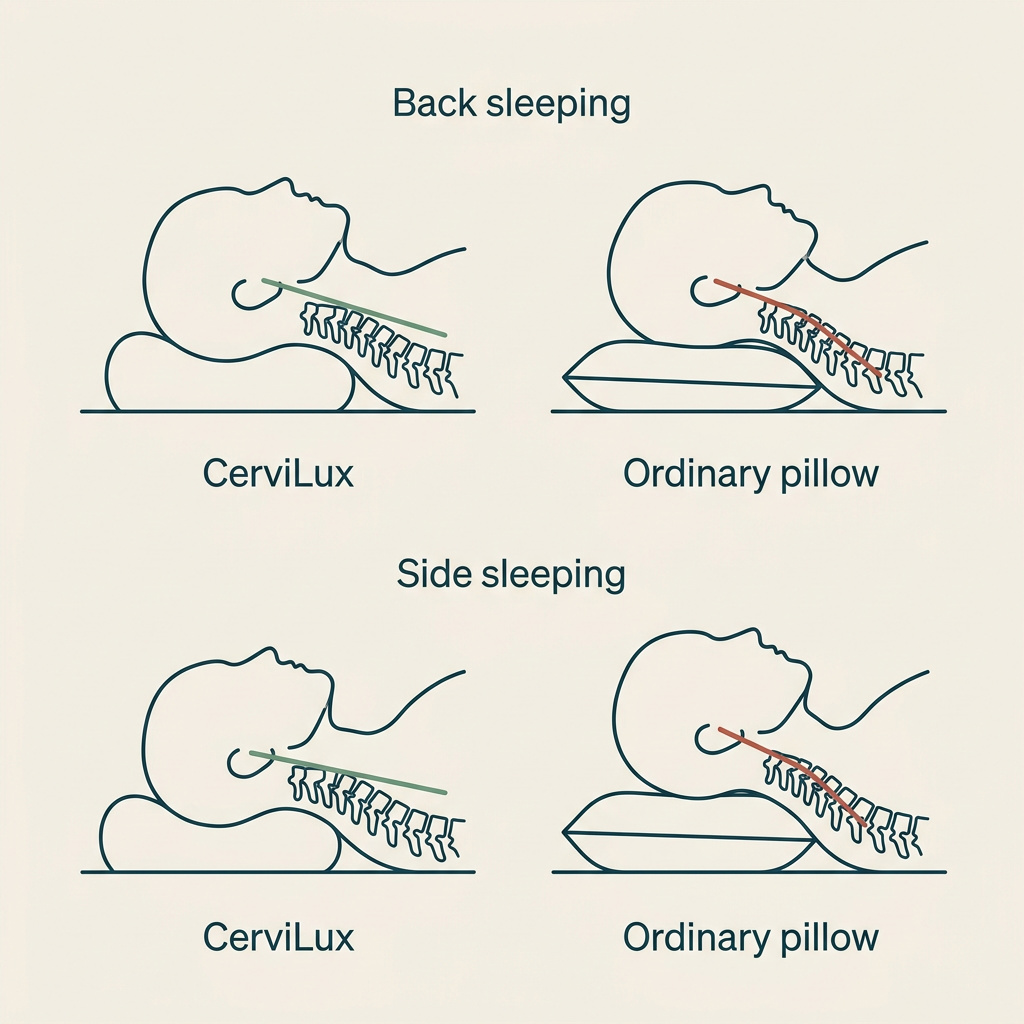 Side-view illustration comparing neutral spine alignment on CerviLux versus an ordinary pillow